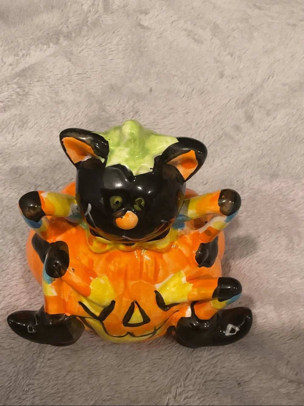 Hand-Painted Ceramic Halloween Cat on Pumpkin